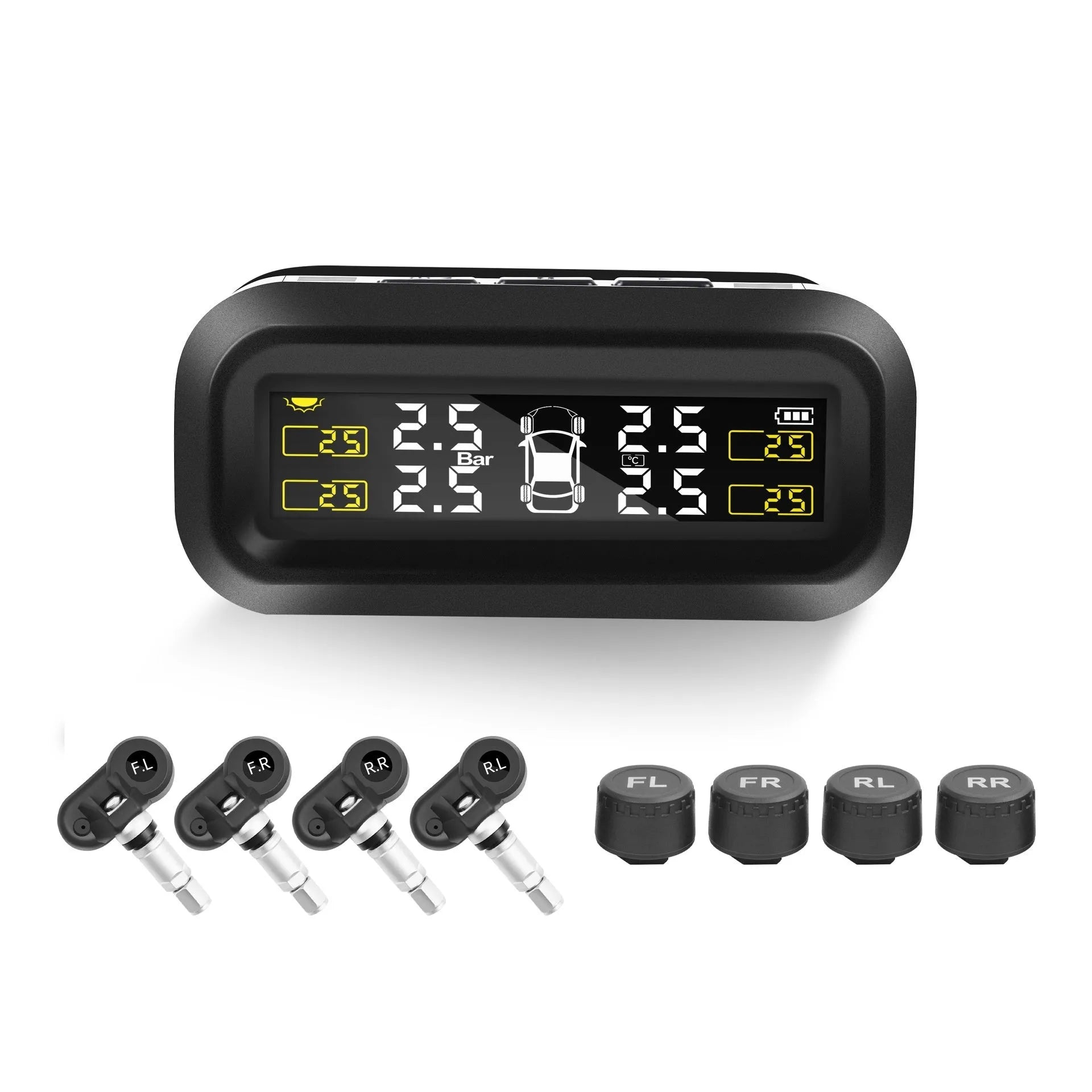 Solar wireless car tyre pressure monitoring system with colour screen and four sensors on a dashboard