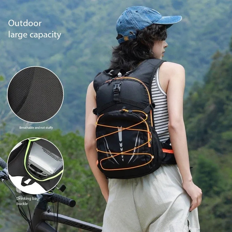 Lightweight breathable mesh hydration backpack in black with reflective details for trail running or mountain biking