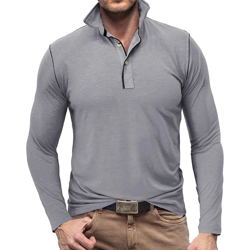 Men's Henley shirt in slub cotton blend with buttoned lapel collar, long sleeves, in army green colour