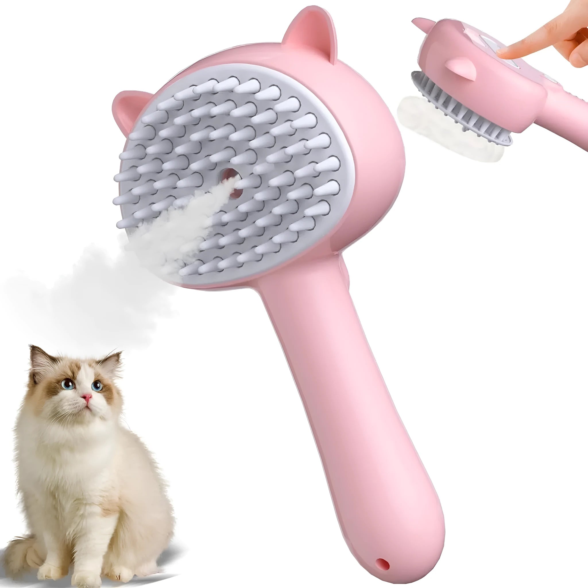 Cat steam brush with ergonomic handle and release button for pet grooming