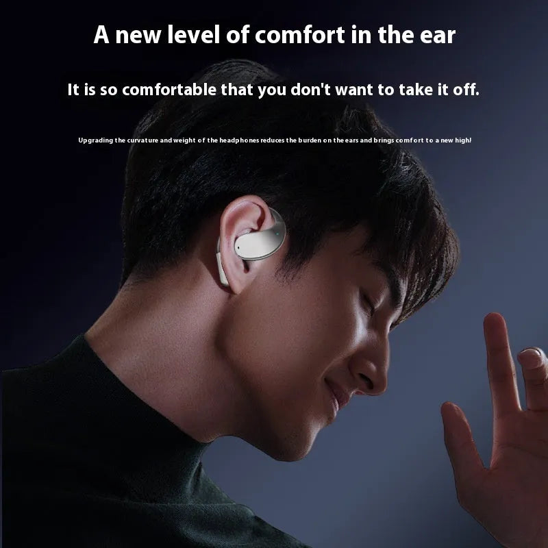 Black sports Bluetooth earphones with ear-hook design, shown next to charging case.
