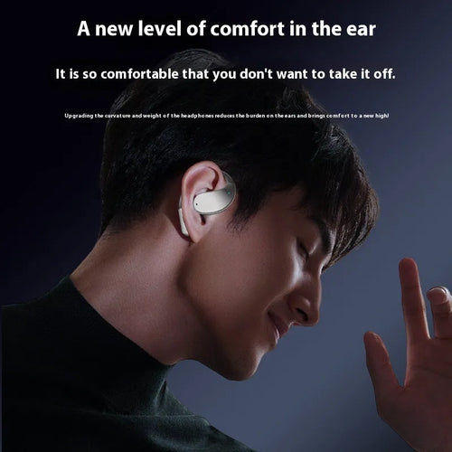 Black sports Bluetooth earphones with ear-hook design, shown next to charging case.