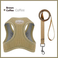 Brown waffle weave cloth cat harness and lead set shown on a size chart