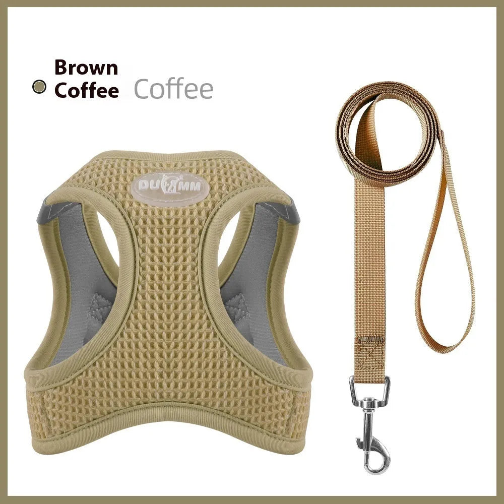 Brown waffle weave cloth cat harness and lead set shown on a size chart