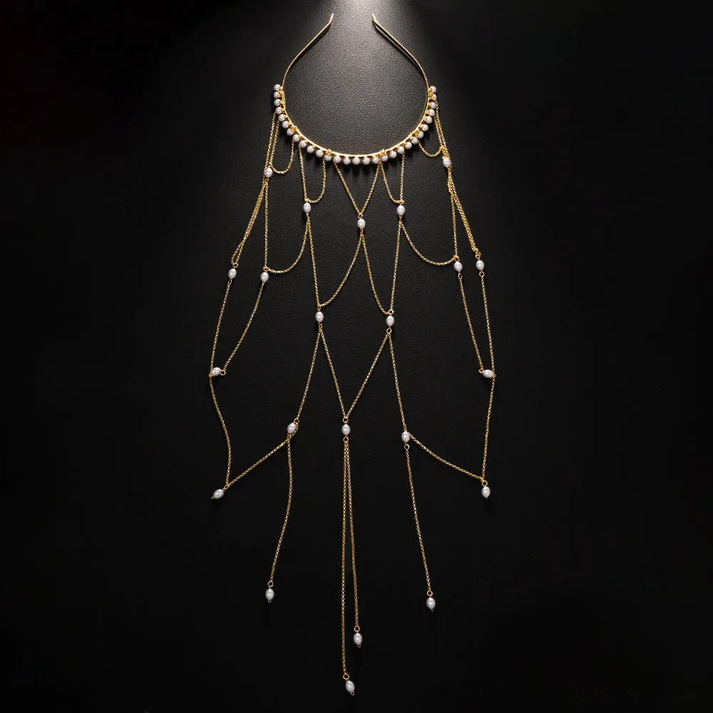 Women's mesh tassel hair chain with electroplated gold or silver finish and pearl decorative elements