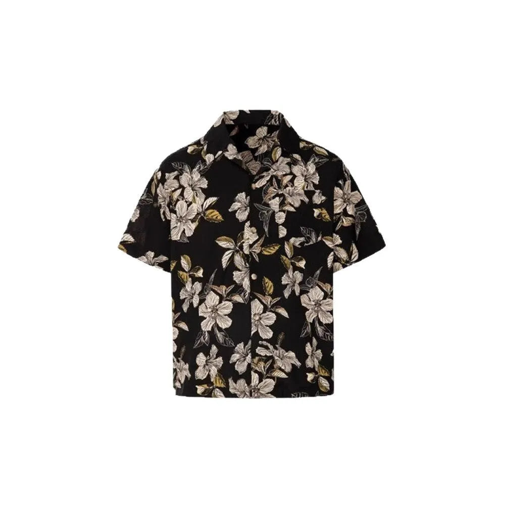 Black men's short sleeve shirt with floral print, Cuban collar, and loose cardigan fit.