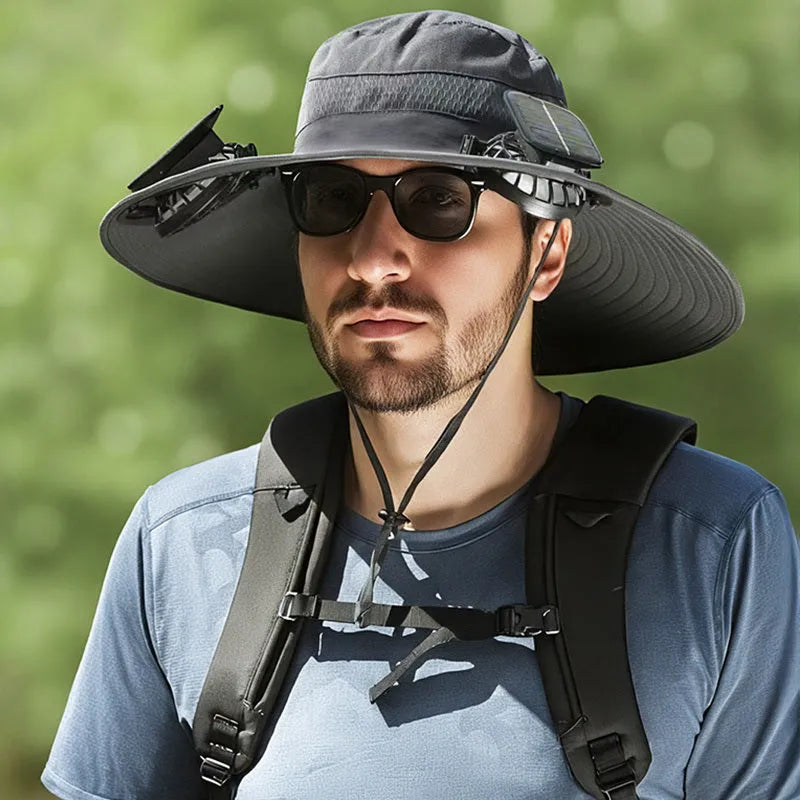 Men's beige solar-powered fan hat with wide brim and integrated cooling fan