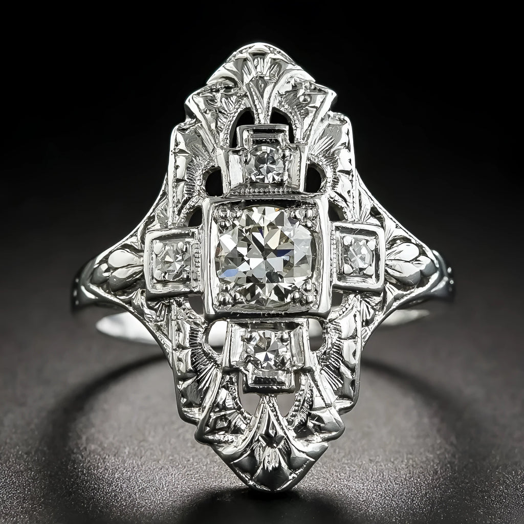 Hollow out geometric silver ring with diamond studs on copper base