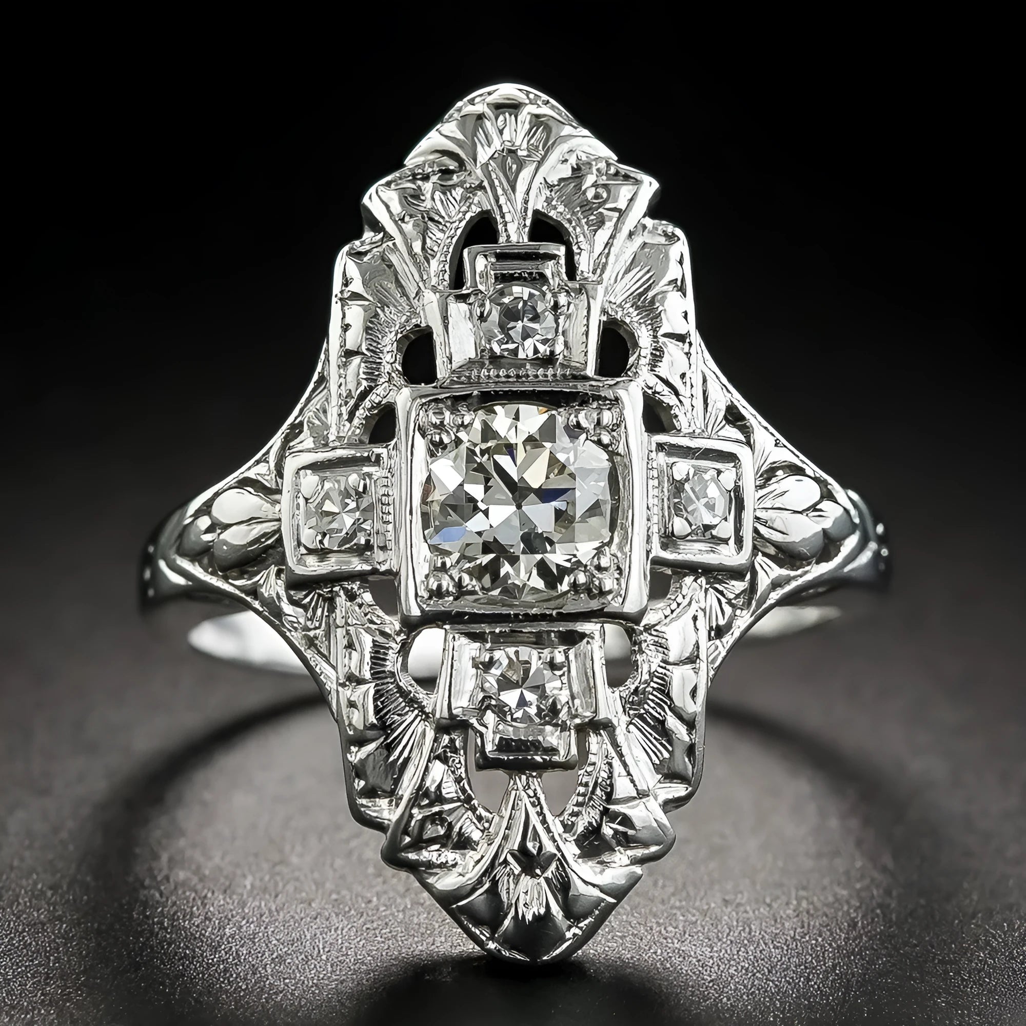 Hollow out geometric silver ring with diamond studs on copper base