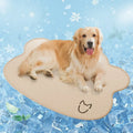 Ice silk dog cooling pad with dog head print, shown in light grey colour on a non-slip base.