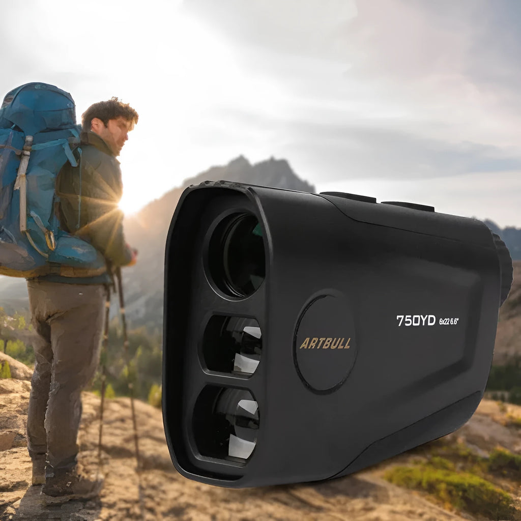Golf laser rangefinder with 750 yard range showing flag lock and slope compensation functions