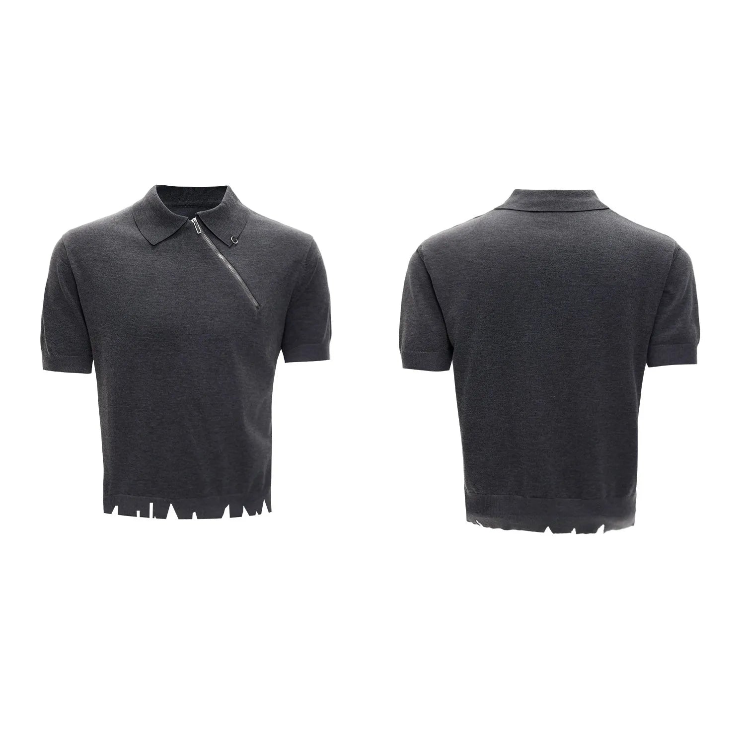Men's black slim-fit knitted polo shirt with diagonal zipper and lapel collar