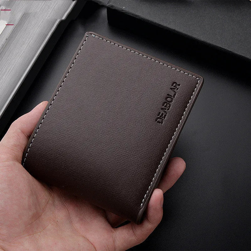 Men's PU leather bi-fold short wallet with car suture design in black