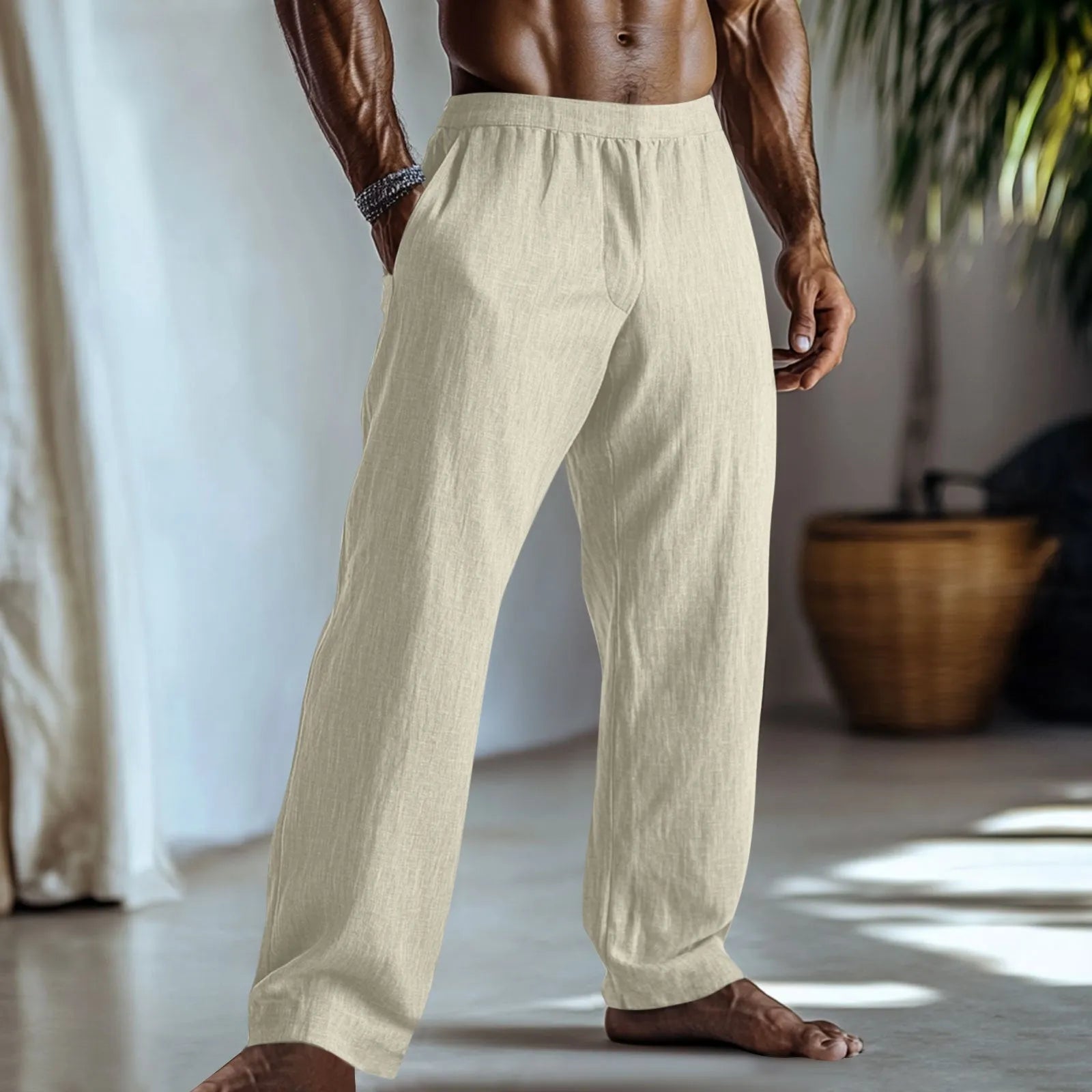 Straight leg cotton linen trousers in light green colour with side pockets