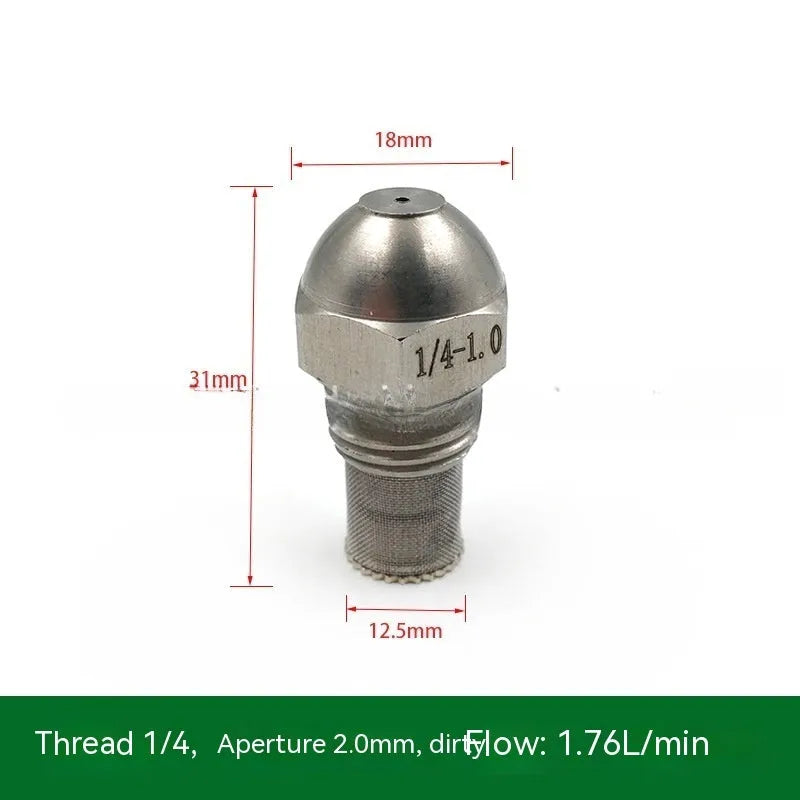 304 stainless steel two-point industrial spray nozzle with external thread and filter screen for atomisation.