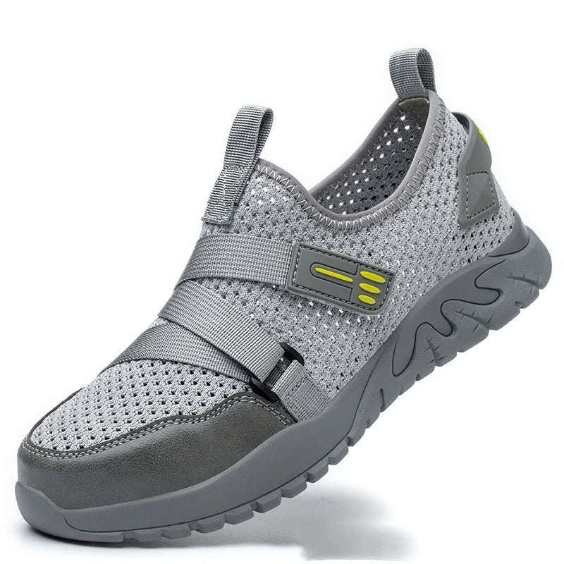 Men's grey anti-smash and anti-puncture work safety shoe with rubber sole.