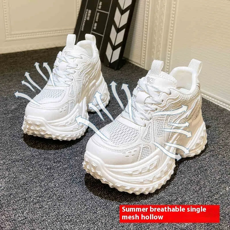 White women's lace-up dad shoes with height increasing insole system and round toe