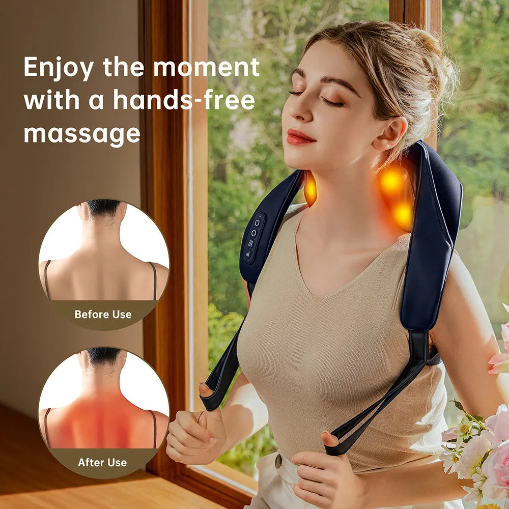 Blue electric shoulder massager with 4D kneading and heat therapy controls