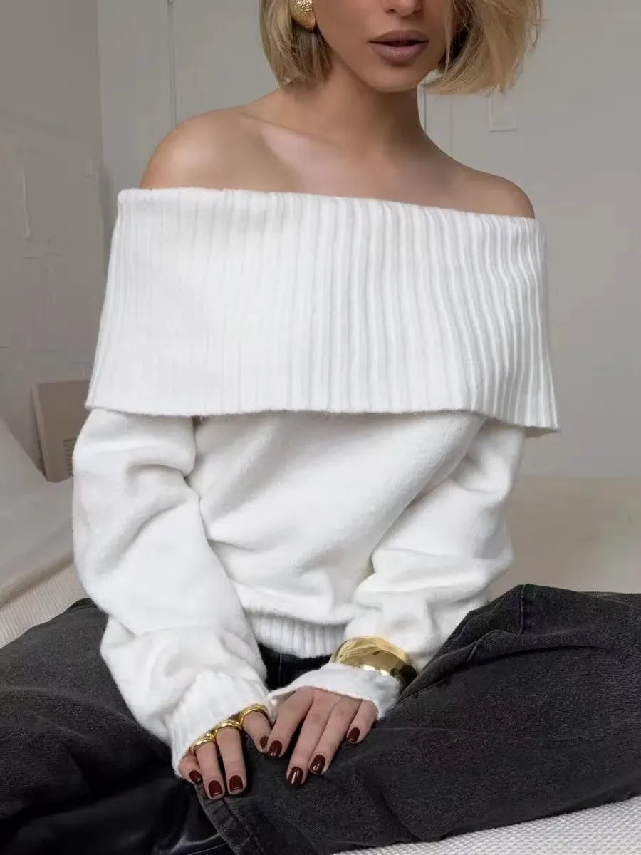 Strapless off-shoulder grey acrylic sweater with 3D pattern effect and regular sleeves
