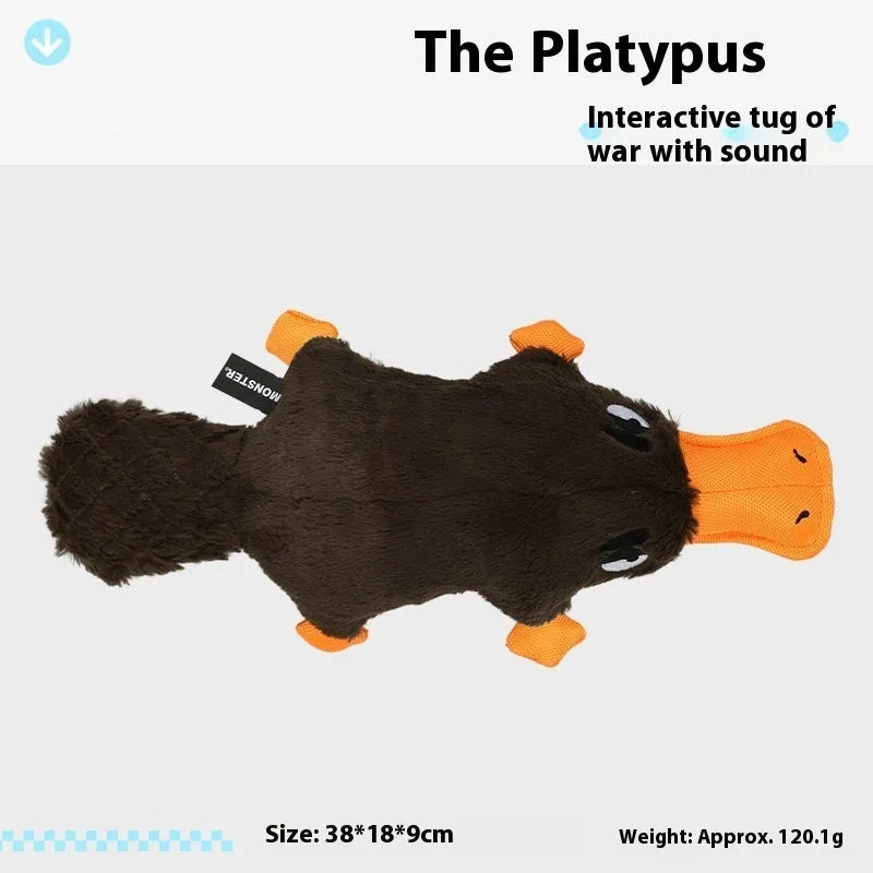 Brown plush platypus dog toy with squeaker on white background