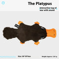 Brown plush platypus dog toy with squeaker on white background