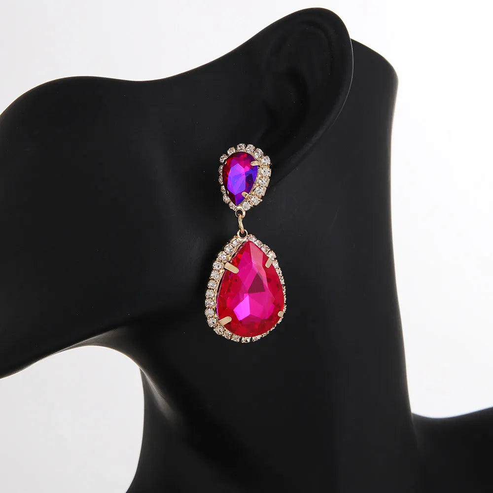 Multi-layer drop-shaped glass rhinestone metal alloy earrings for women in rose red, champagne, and blue