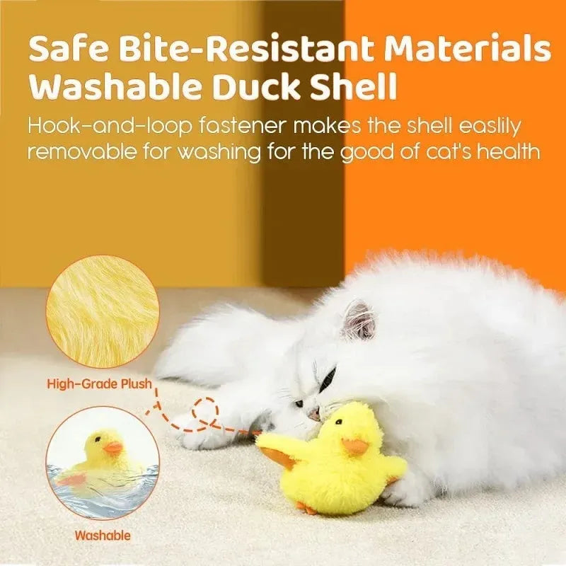 Yellow flapping duck cat toy with chick simulation shape showing vibration sensor and removable plush cover