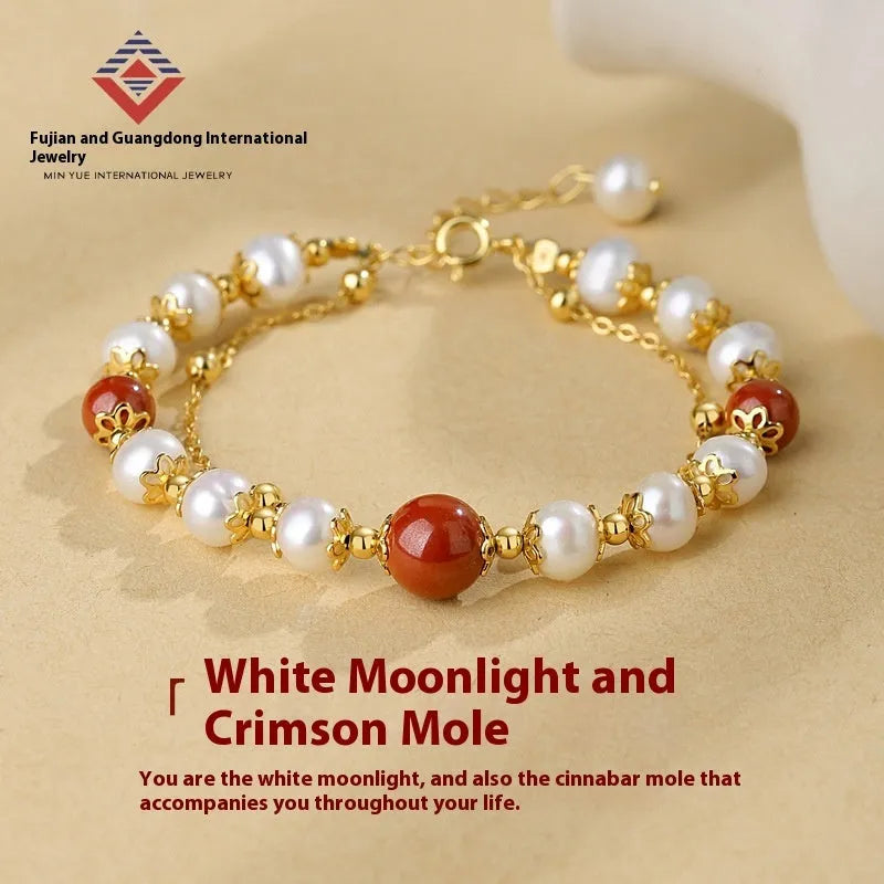 Sterling silver double-layer bracelet with cinnabar red bean and freshwater pearl geometric bean design
