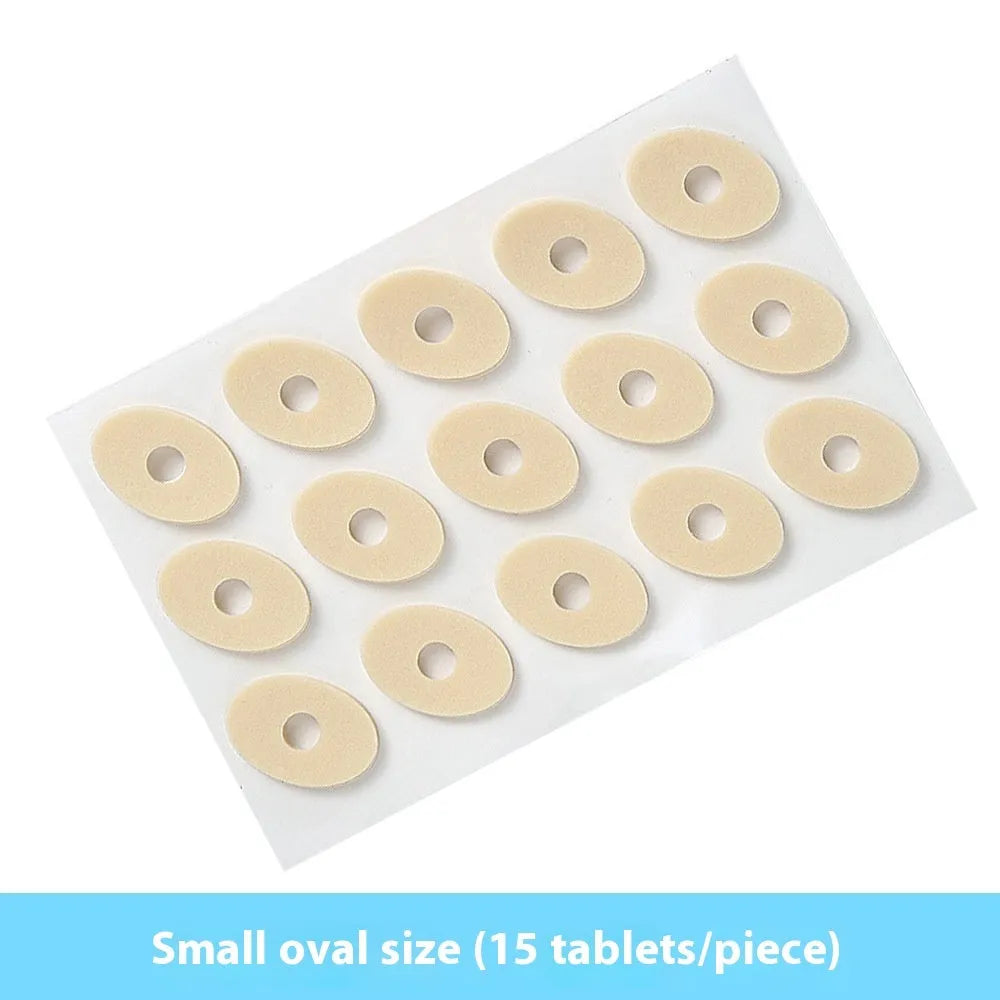 Assorted pack of women's heel corns protective toe pads showing circular, oval, and U-shaped PU adhesive pads.