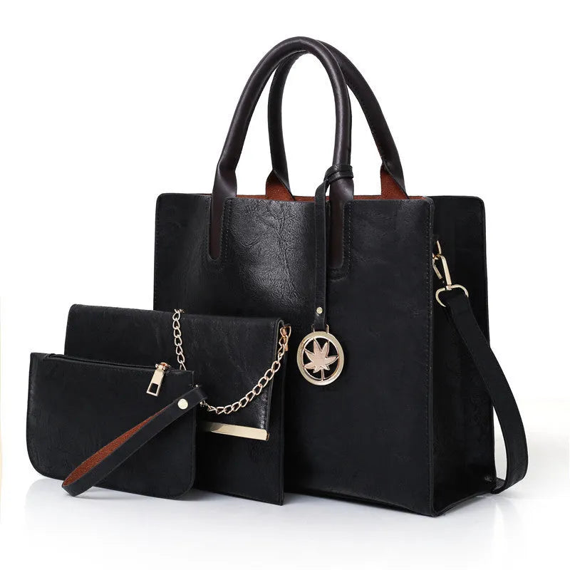 Women's PU leather mother-and-child shoulder bag set in red, black, pink, grey, and brown colours