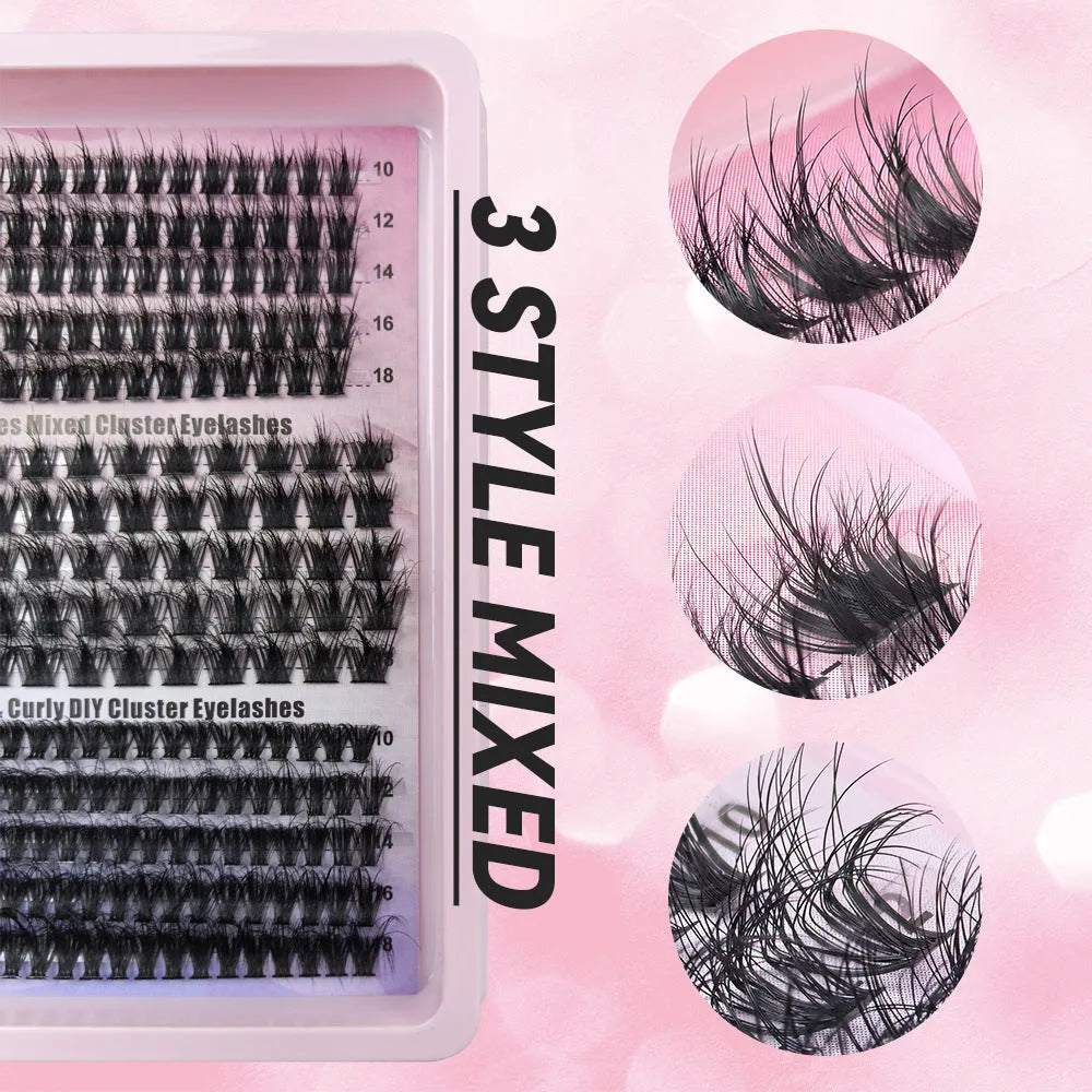 False eyelash storage box with mixed eyelashes inside, showing dimensions of 13.7cm by 13.5cm