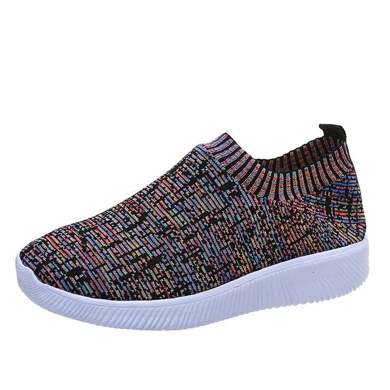 Unisex stripe knit sock shoes flat sneakers in white grey flower colour low top EVA sole