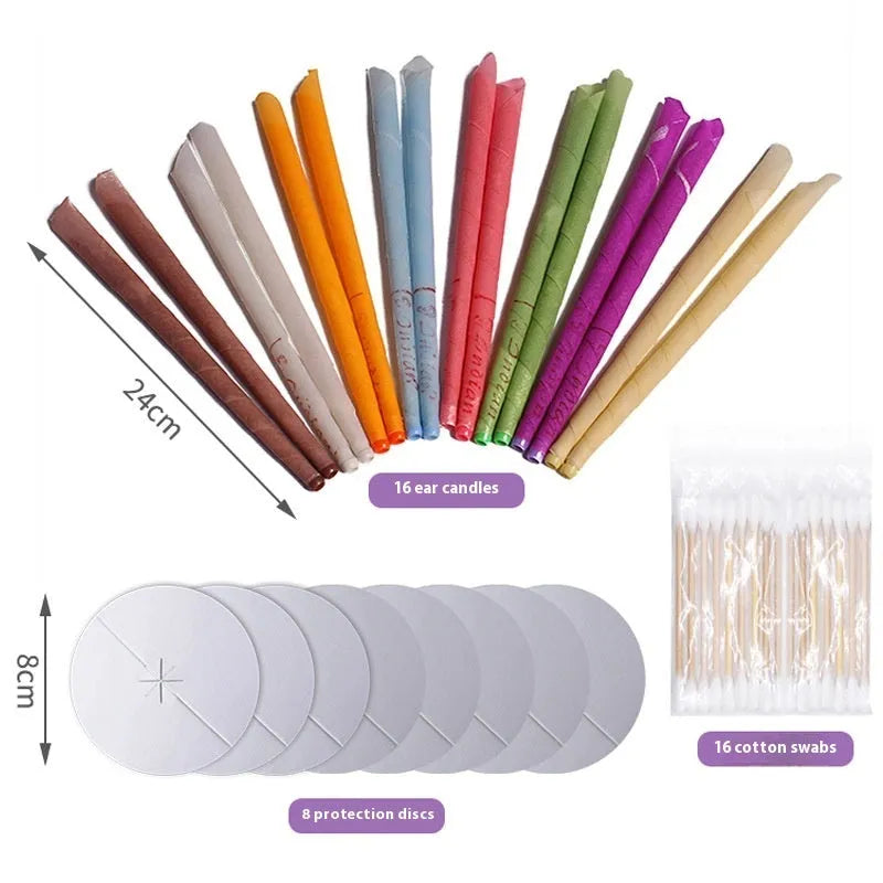 Ear candling kit showing assorted coloured candles, protection boards, and cotton swabs.