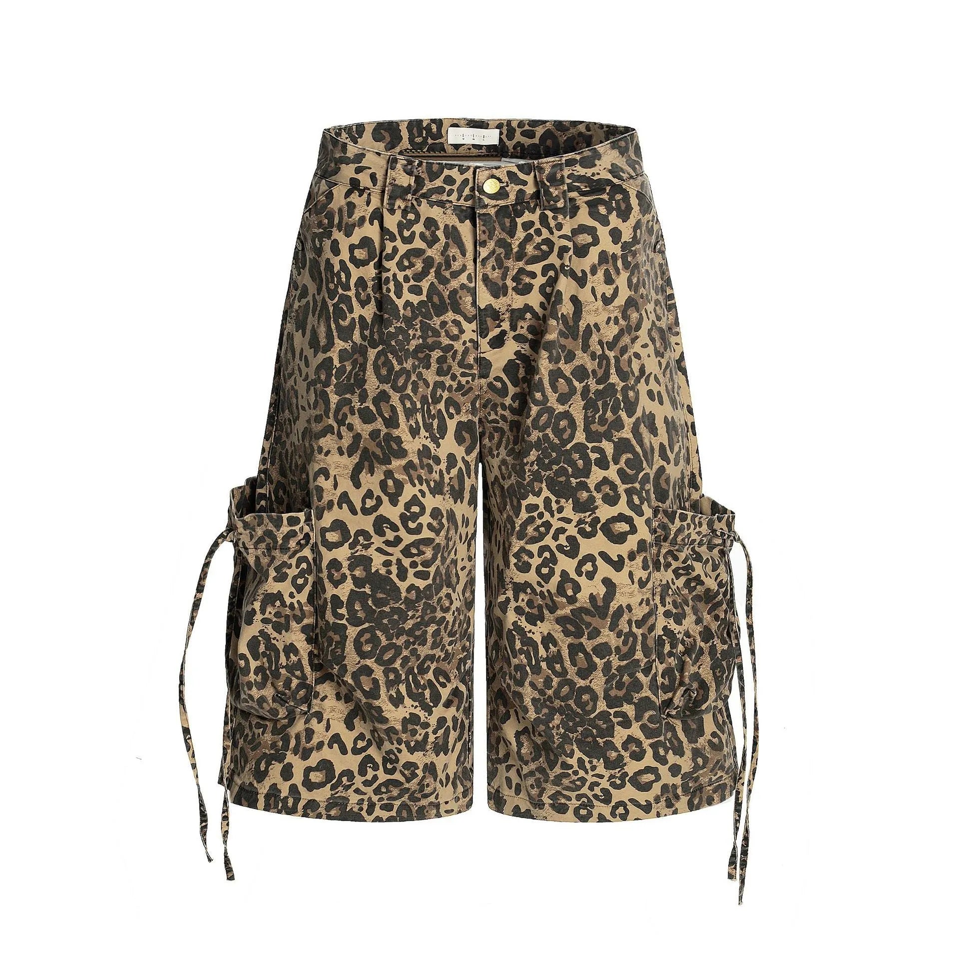 Women's loose straight cropped pants in a leopard print pattern with a high waist and button fly.