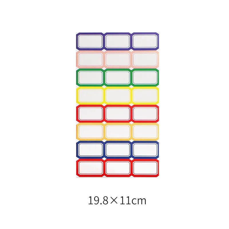 Handwritten label indicating adhesive stickers in white with multiple grid formats and colour options