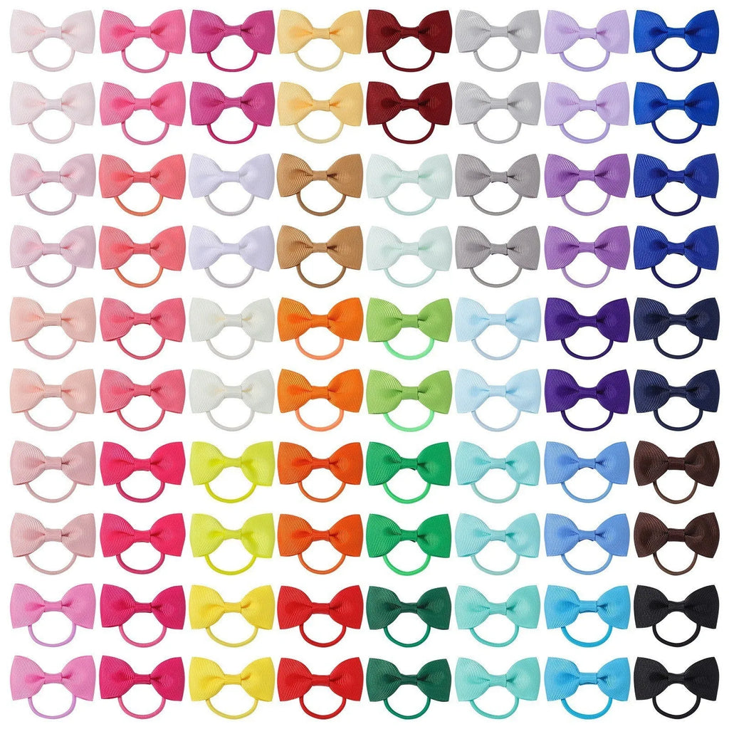 80 multi-coloured baby hair ties with small grosgrain ribbon bows for infants and toddlers.