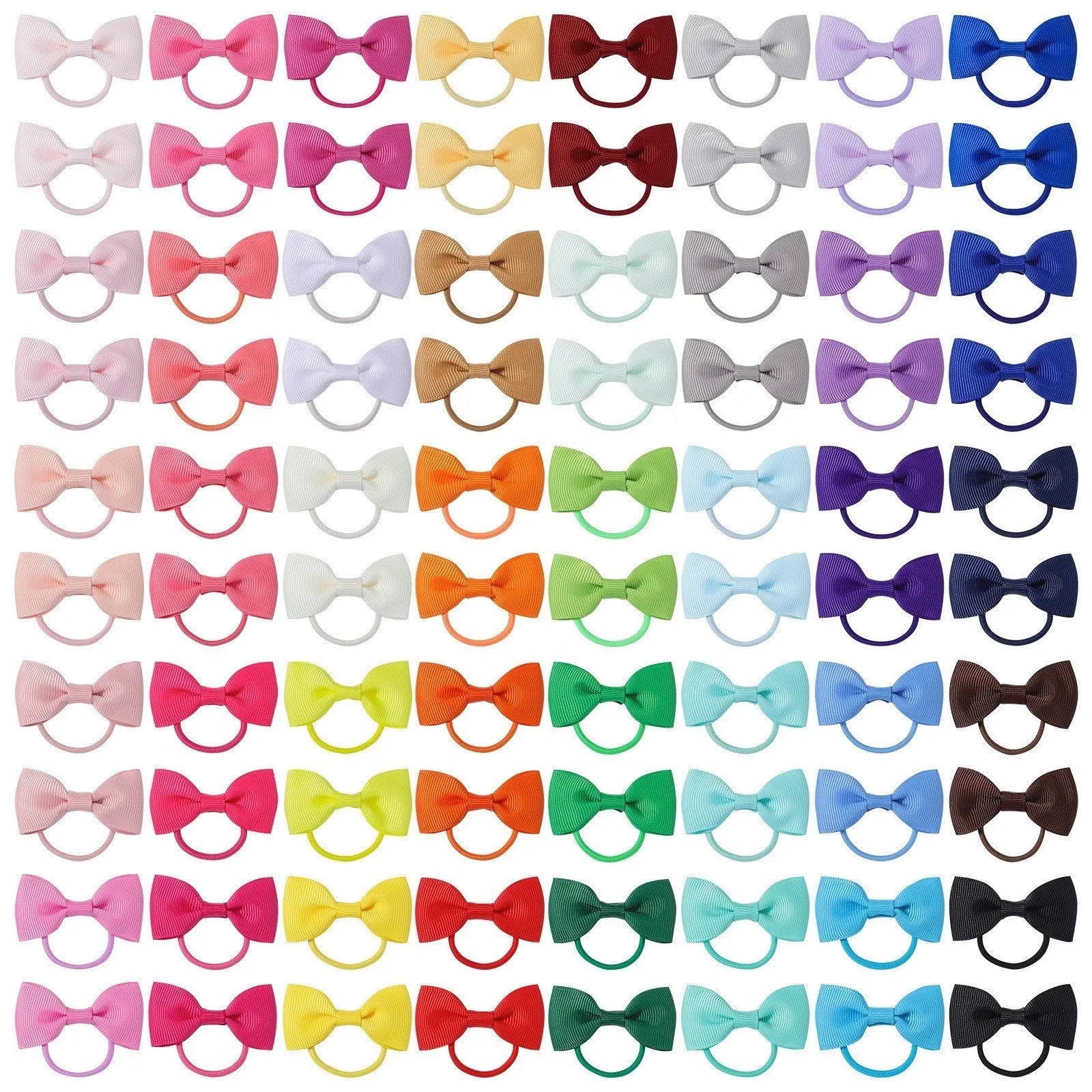 80 multi-coloured baby hair ties with small grosgrain ribbon bows for infants and toddlers.