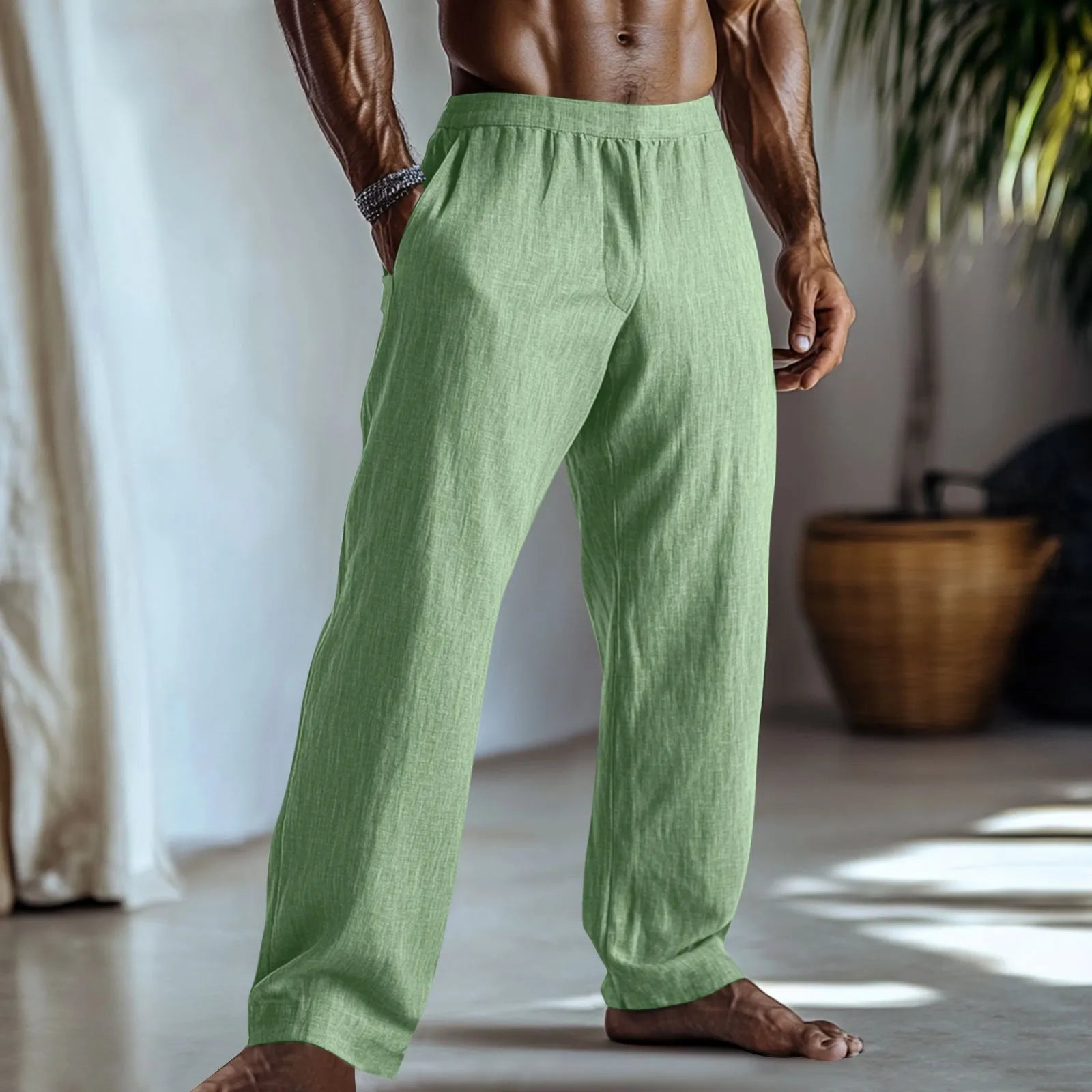 British style straight leg cotton linen trousers in light green colour showing straight fit silhouette