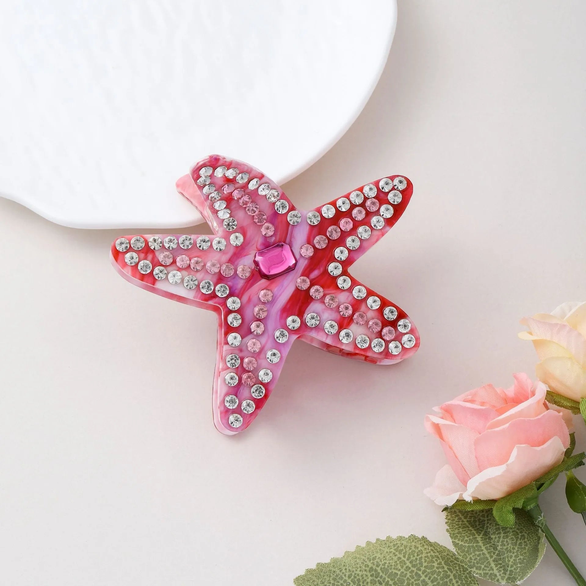 Acrylic starfish hairpin with diamond encrusted surface in blue colour, 8cm length