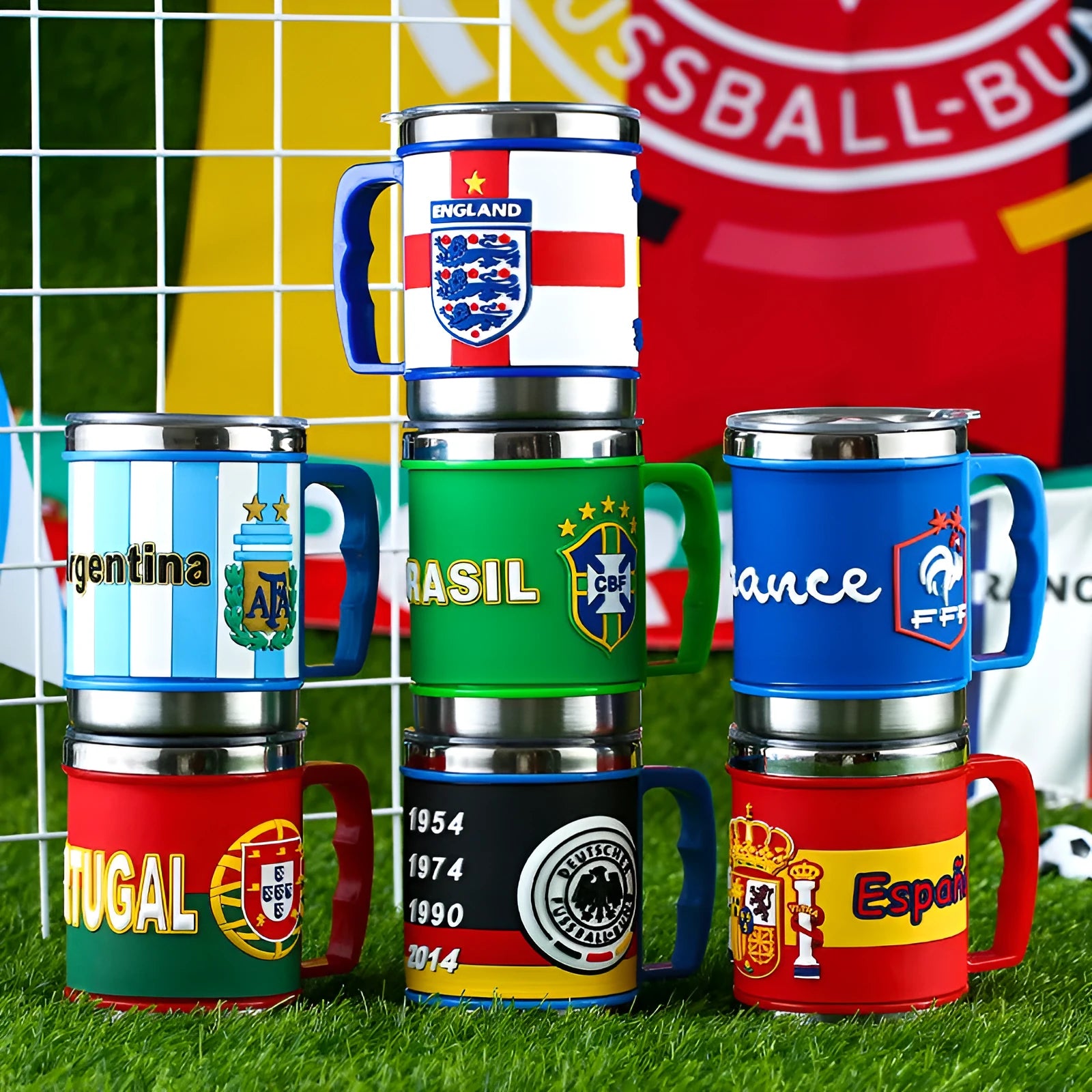 World Cup soccer mug souvenir, rubber and metal, 7.6cm diameter, team colour design