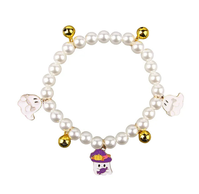 Halloween cat collar decoration with simulated pearls and pumpkin designs