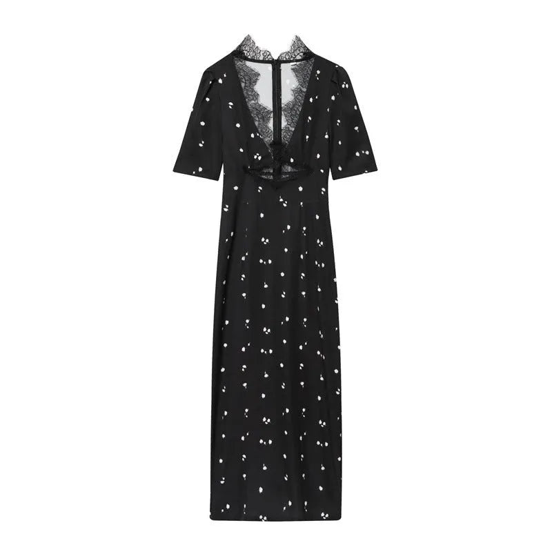 women's lace V-neck patchwork puff sleeve dress in mercerised cotton with stripes and plaid