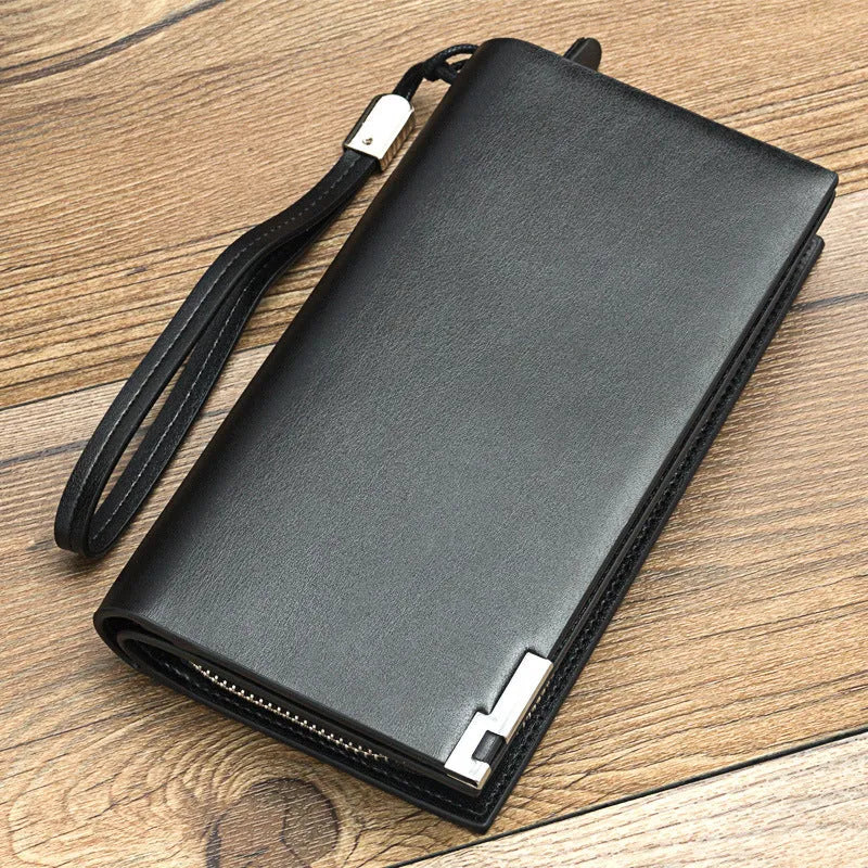 Men's long black PU leather wallet with a zipper, multiple card slots, and RFID protection.