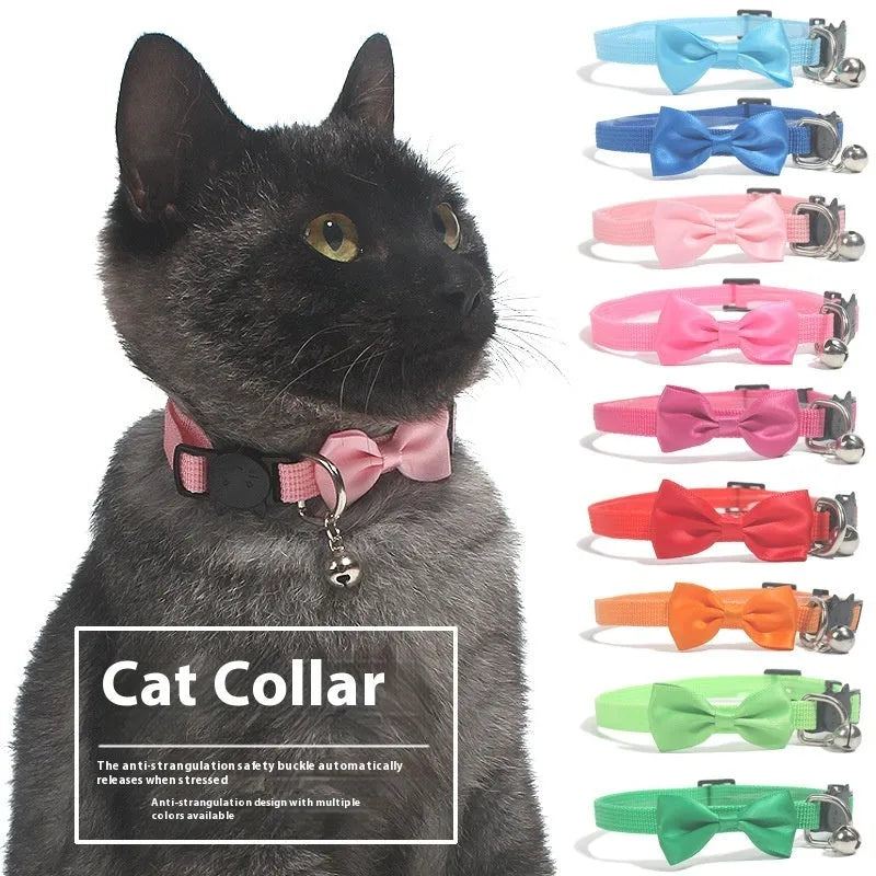 Adjustable striped nylon cat collar with a small bell, shown in multiple colour options on a white background.