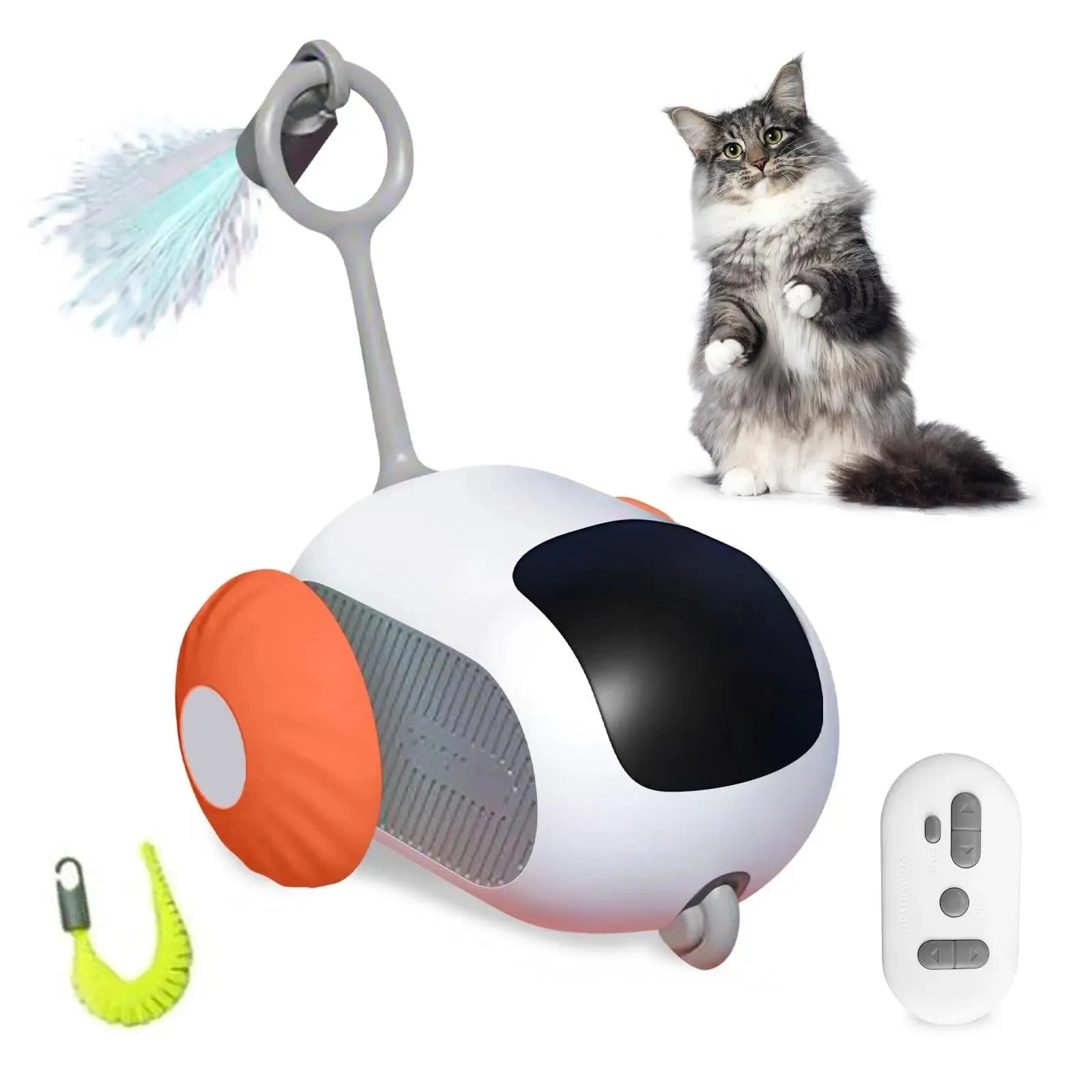 Smart cat toy car with remote control in blue colour showing feather teaser attachment and USB charging port