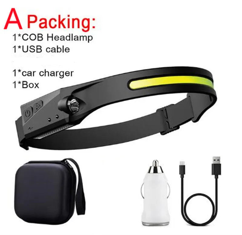 COB LED induction headlamp with wide beam and side LED for long-distance lighting, USB rechargeable, silicone build