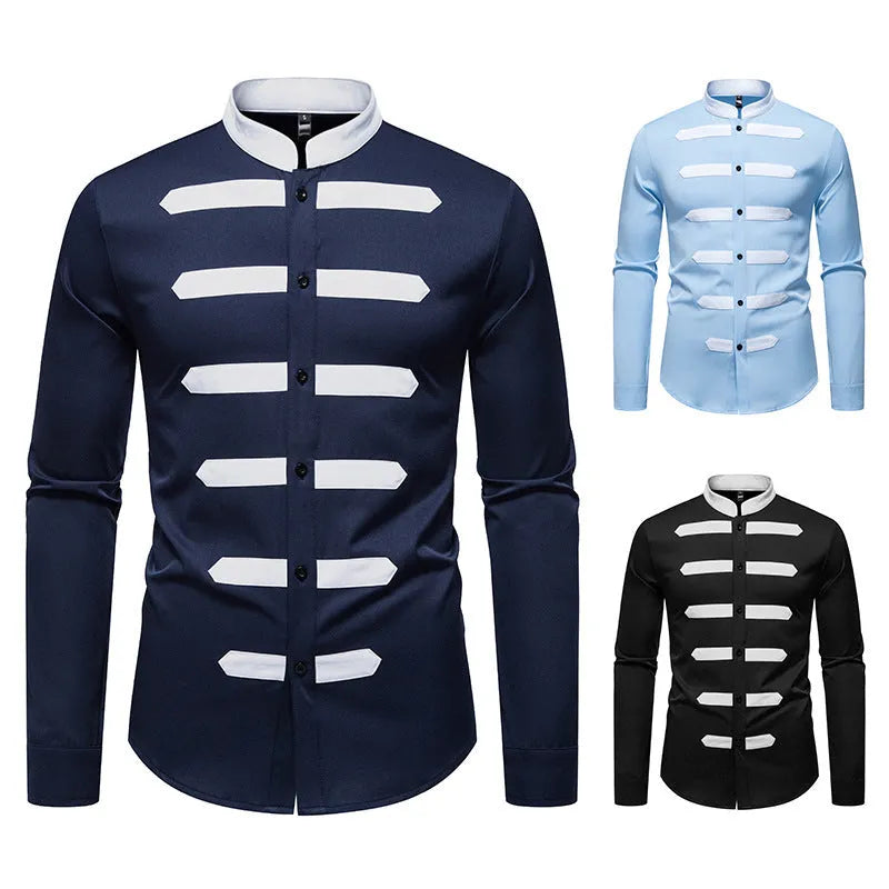 Men's slim fit casual long sleeve shirt in black, light blue, or navy blue made from polyester fabric