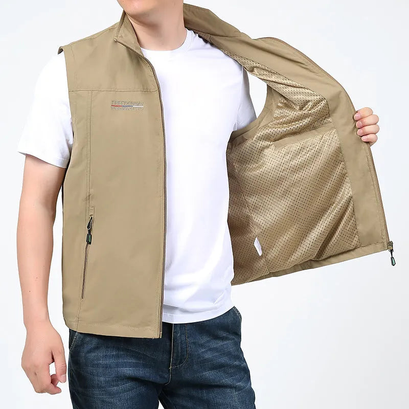 Men's striped waterproof vest with multiple pockets and hood in chemical fibre blend fabric