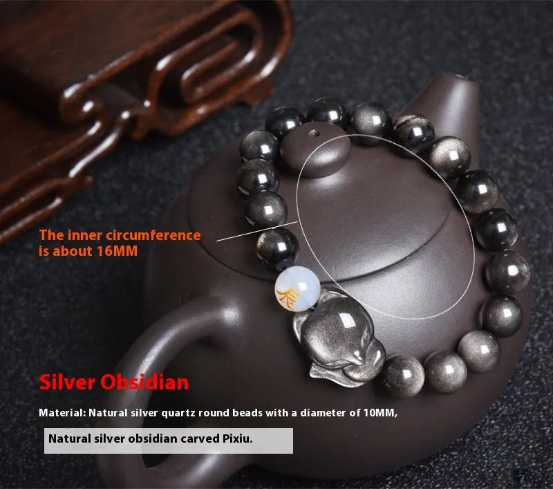 Natural obsidian zodiac bracelet in 10mm beads with national style design.