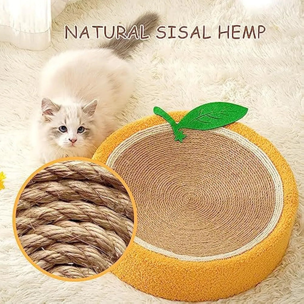 Orange round sisal cat scratching board and bed measuring 390mm diameter